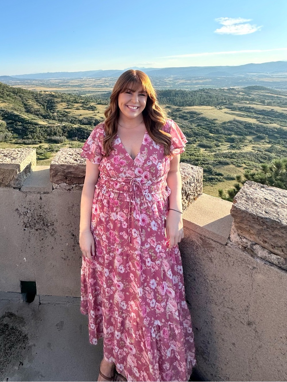 ARULA Rose-Pink Floral Cinched-Waist Maxi Dress
